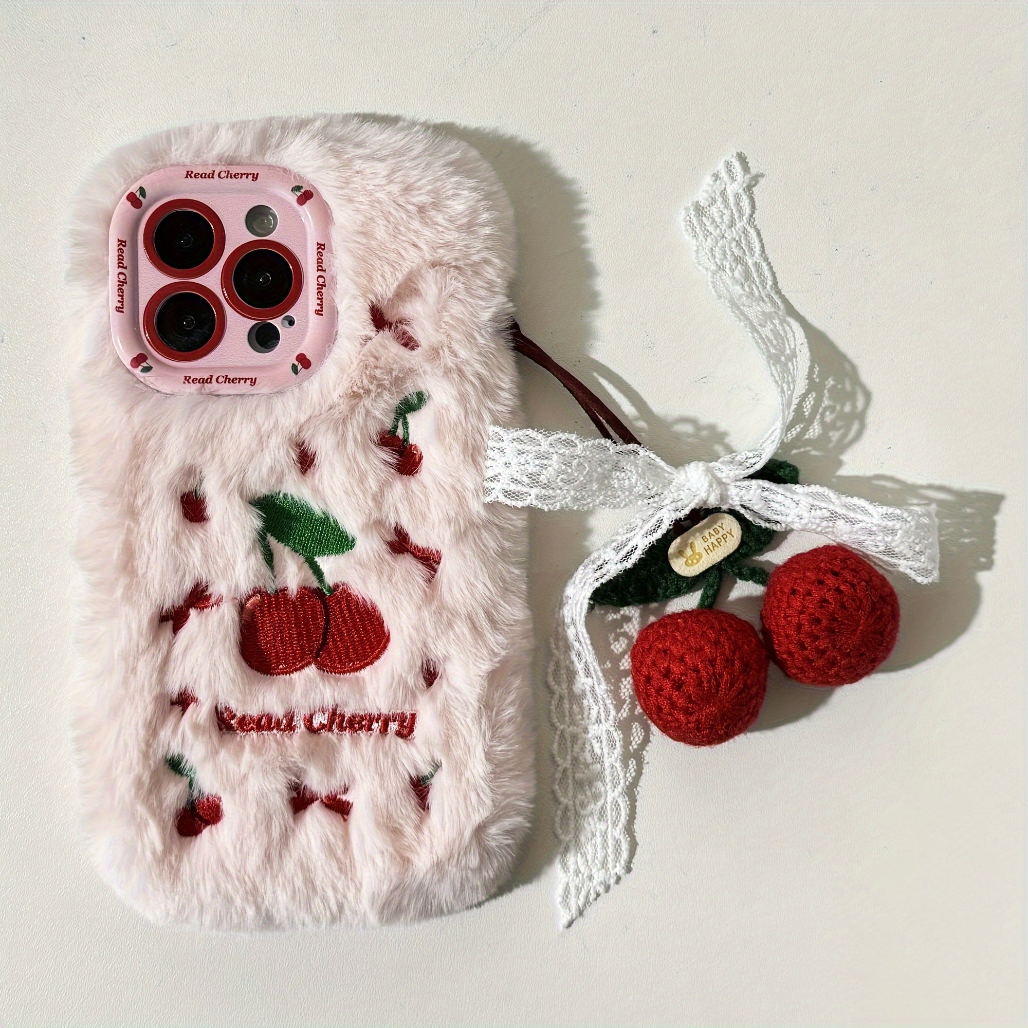 Autumn And Winter Cherry Plush Phone Case with Cherry Pendant for Iphone 16 Pro Max
